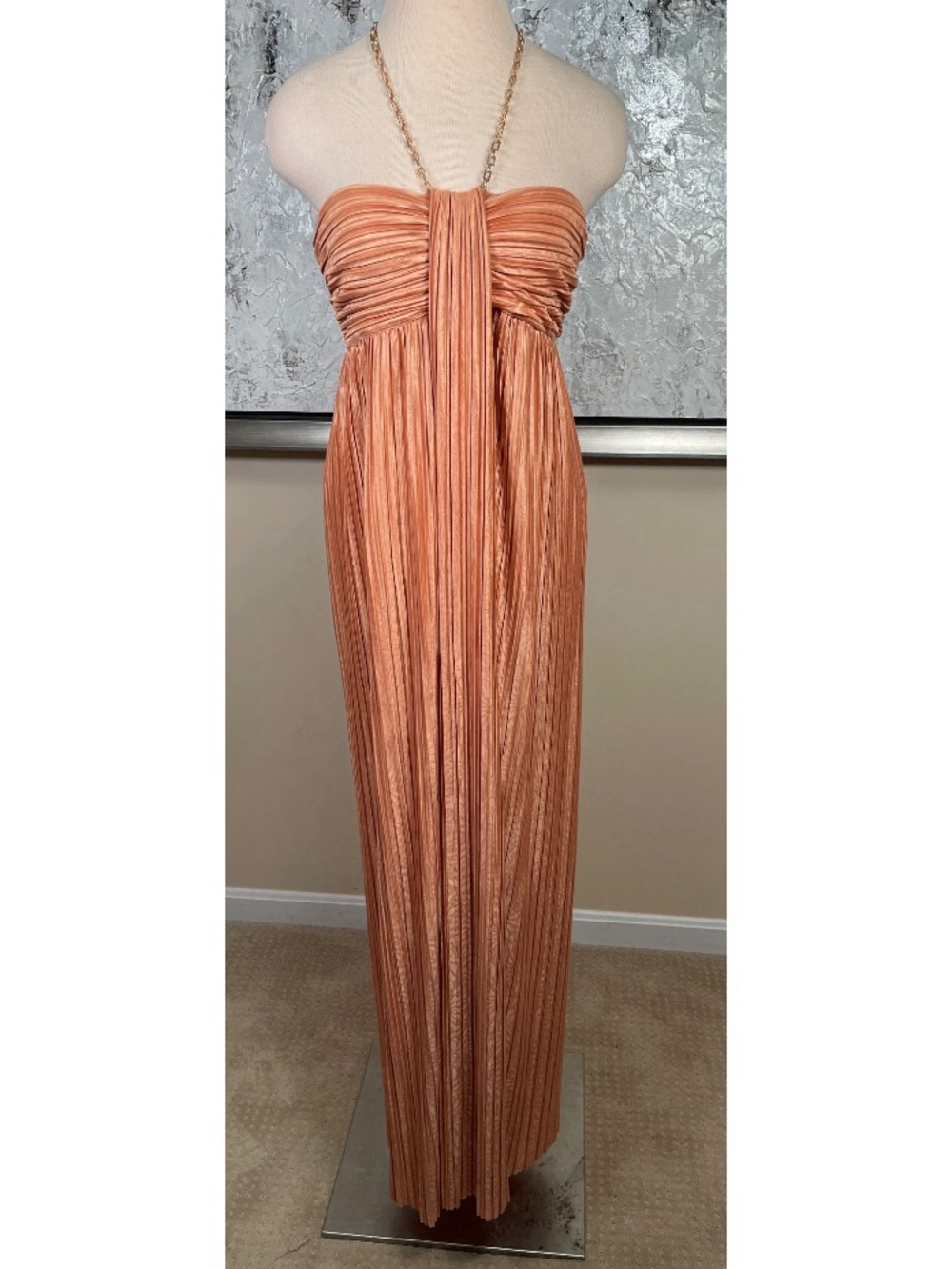 SABINA MUSAYEV Nicola Pleated Gold Chain Halterneck Maxi Dress Size Large - Picture 3 of 10